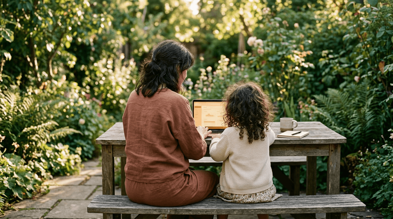 Adult and child at a table outdoors, learning together with a small computer.